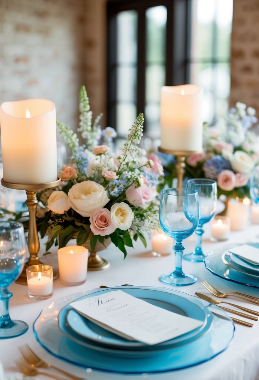 A table set with powder blue glassware, delicate pastel flowers, and soft candlelight for a romantic wedding reception