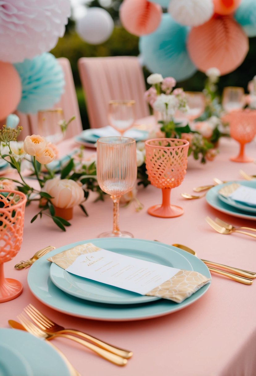 A table set with coral and gold cutlery, surrounded by pastel wedding decorations