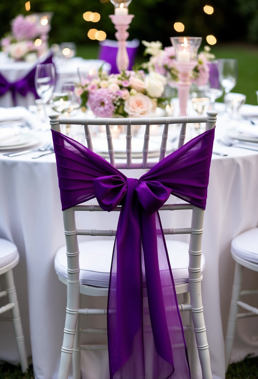 Periwinkle chair sashes drape elegantly over white tablecloths, complemented by delicate pastel floral centerpieces and twinkling tea lights