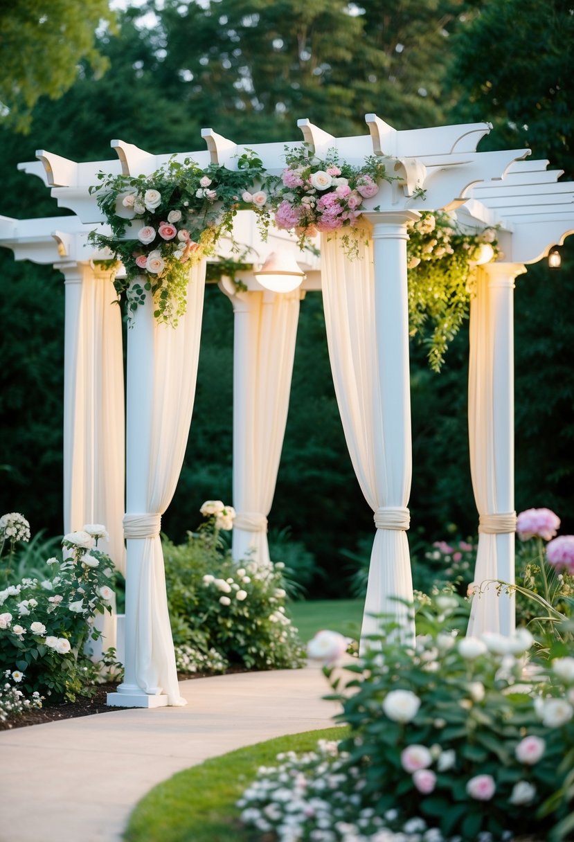 A floral-covered pergola with elegant drapery and soft lighting, surrounded by lush greenery and blooming flowers