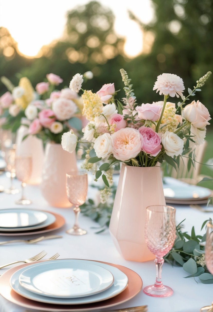 A table set with rose quartz vases and pastel flowers for a wedding