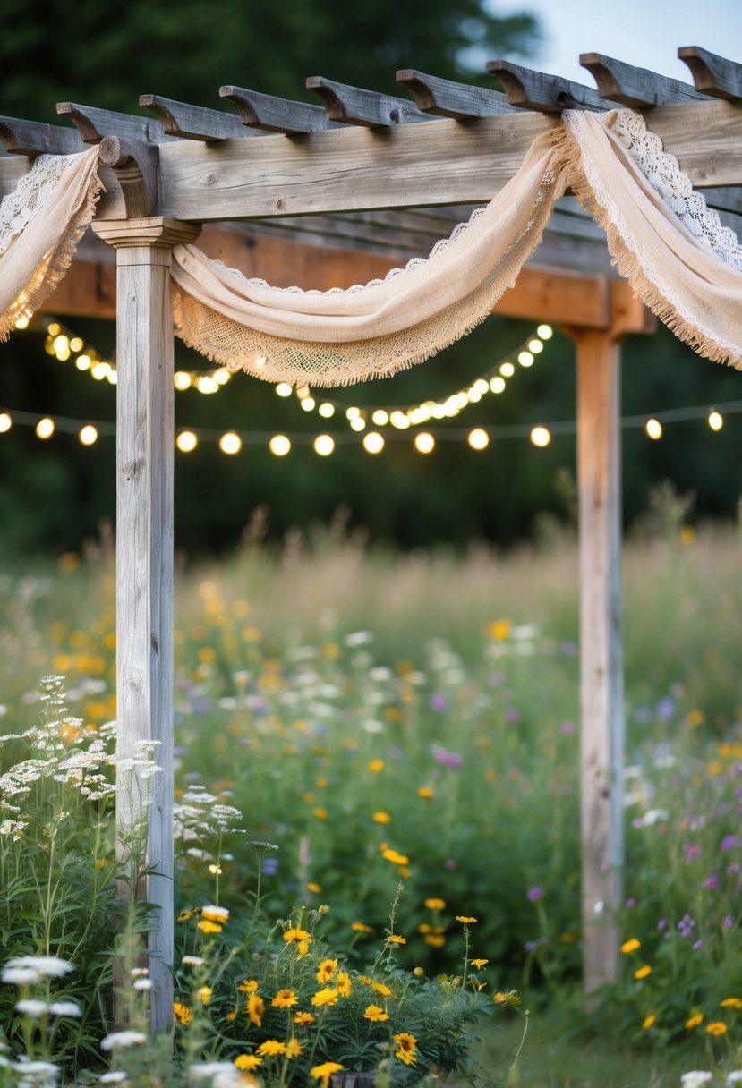 A weathered wooden pergola draped with burlap and lace, surrounded by wildflowers and twinkling string lights