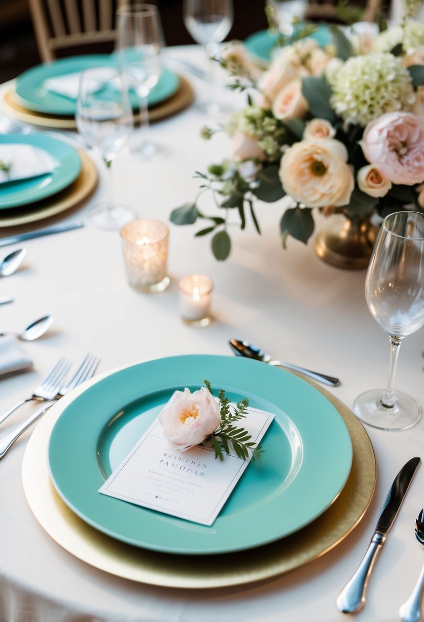 A table set with seafoam green charger plates, delicate pastel flowers, and elegant silver cutlery for a wedding reception