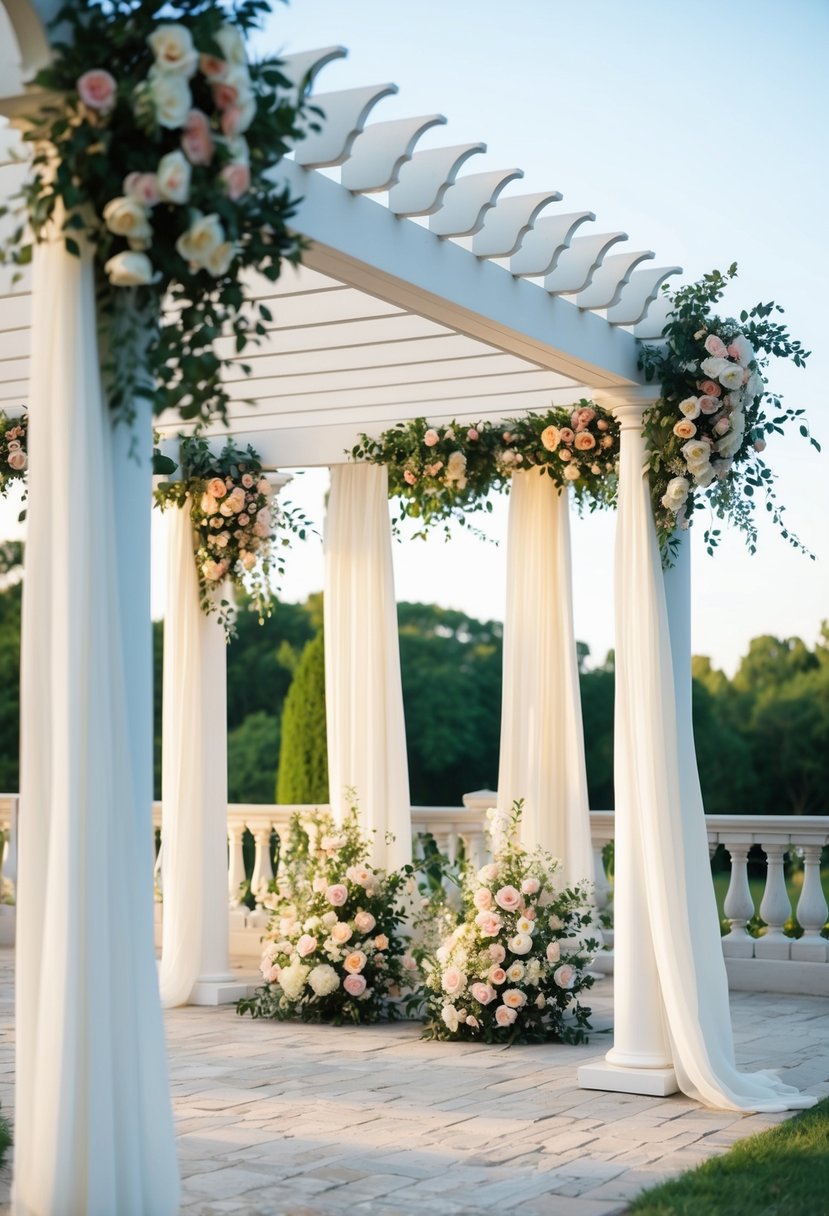 A white pergola adorned with flowing drapery, surrounded by elegant floral arrangements