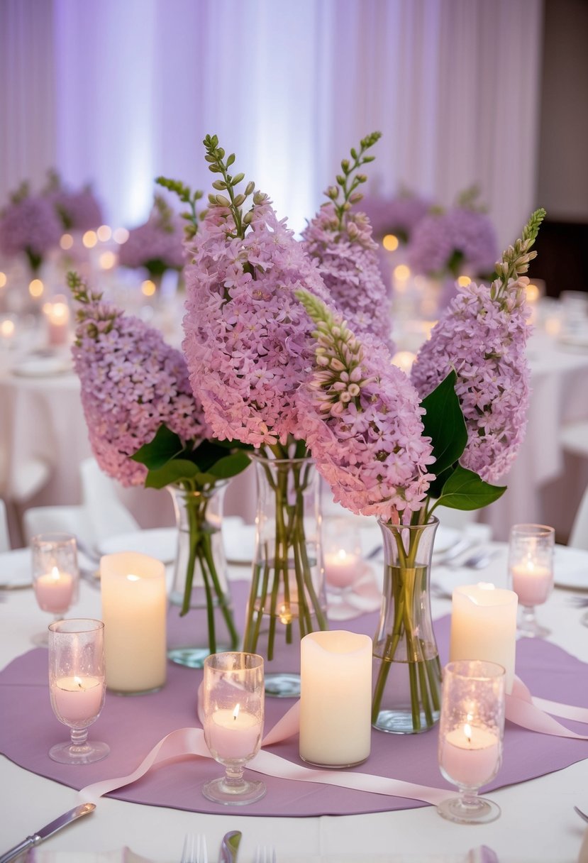 Soft lilac flowers arranged in delicate glass vases, surrounded by pastel candles and ribbons on a wedding reception table