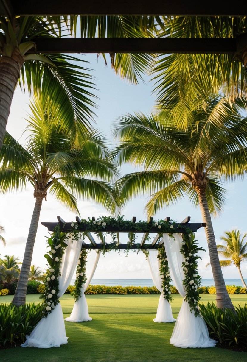 A wedding pergola adorned with lush palm leaves in a tropical paradise