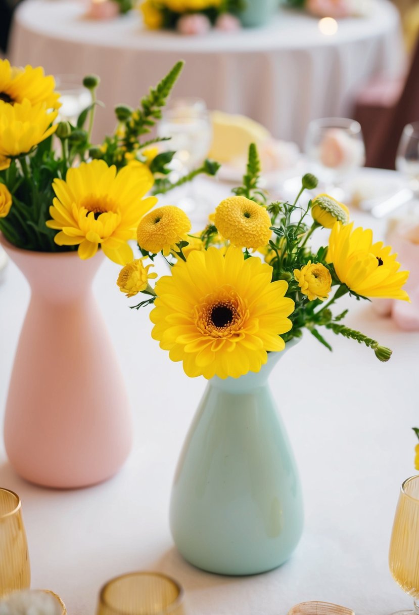 Buttercup yellow flowers arranged in pastel vases on a wedding reception table