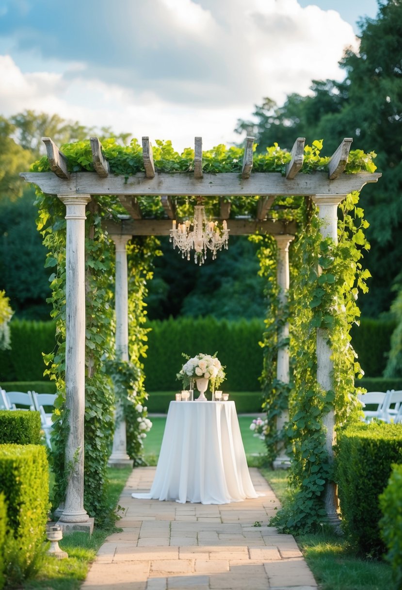 A weathered pergola adorned with ivy and vintage decor, set in a lush garden for a romantic wedding