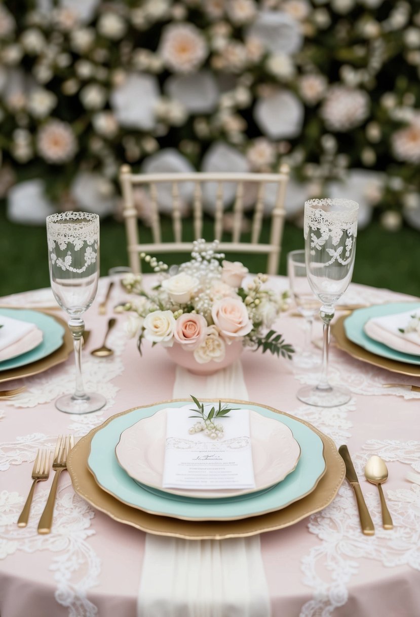 A pastel wedding table adorned with ivory lace overlays and delicate decorations