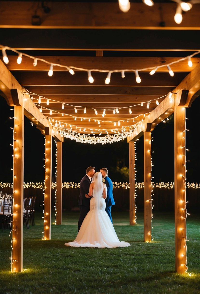 Fairy lights drape over a wedding pergola, casting a warm glow on the surrounding area