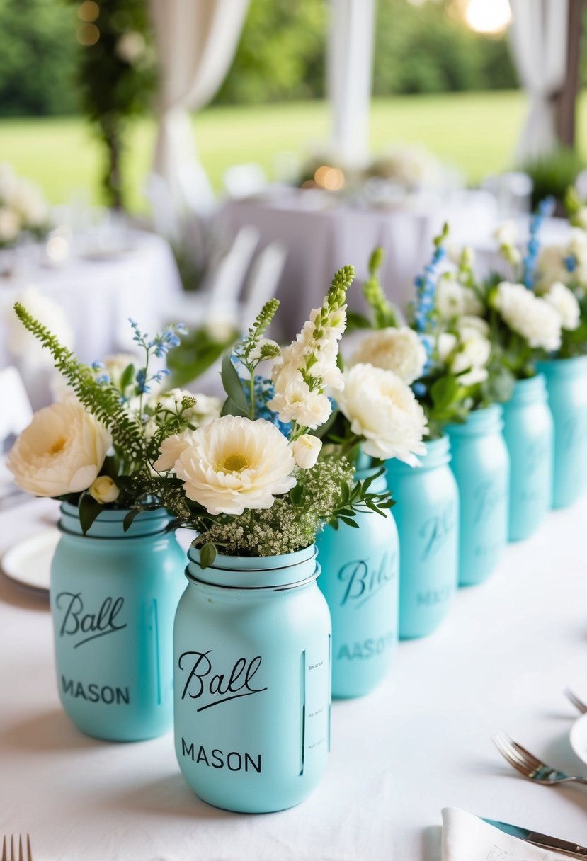 Pastel blue mason jars filled with white flowers and greenery arranged on a wedding reception table