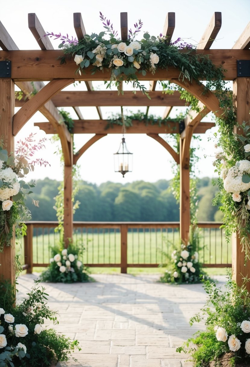 A rustic wedding pergola adorned with wooden accents and draped with greenery and flowers