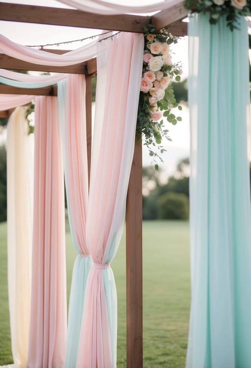 Soft pastel fabrics drape over a wedding pergola, creating a dreamy and romantic atmosphere