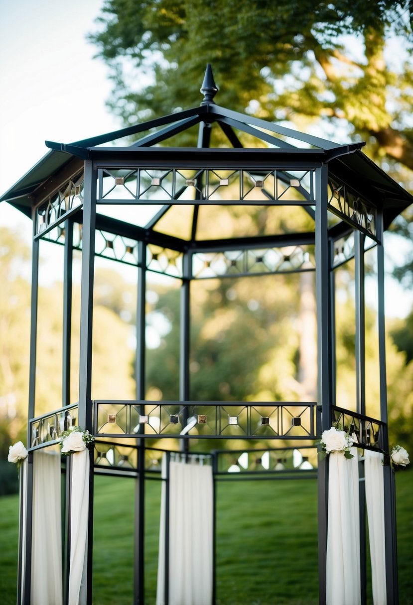 A hexagonal wedding pergola with metallic frames, adorned with geometric shapes and patterns