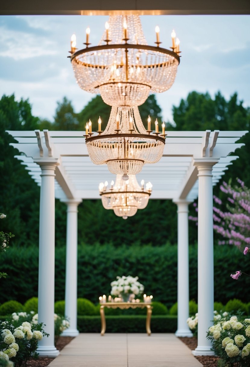 A grand pergola adorned with sparkling chandeliers, set against a backdrop of lush greenery and blooming flowers