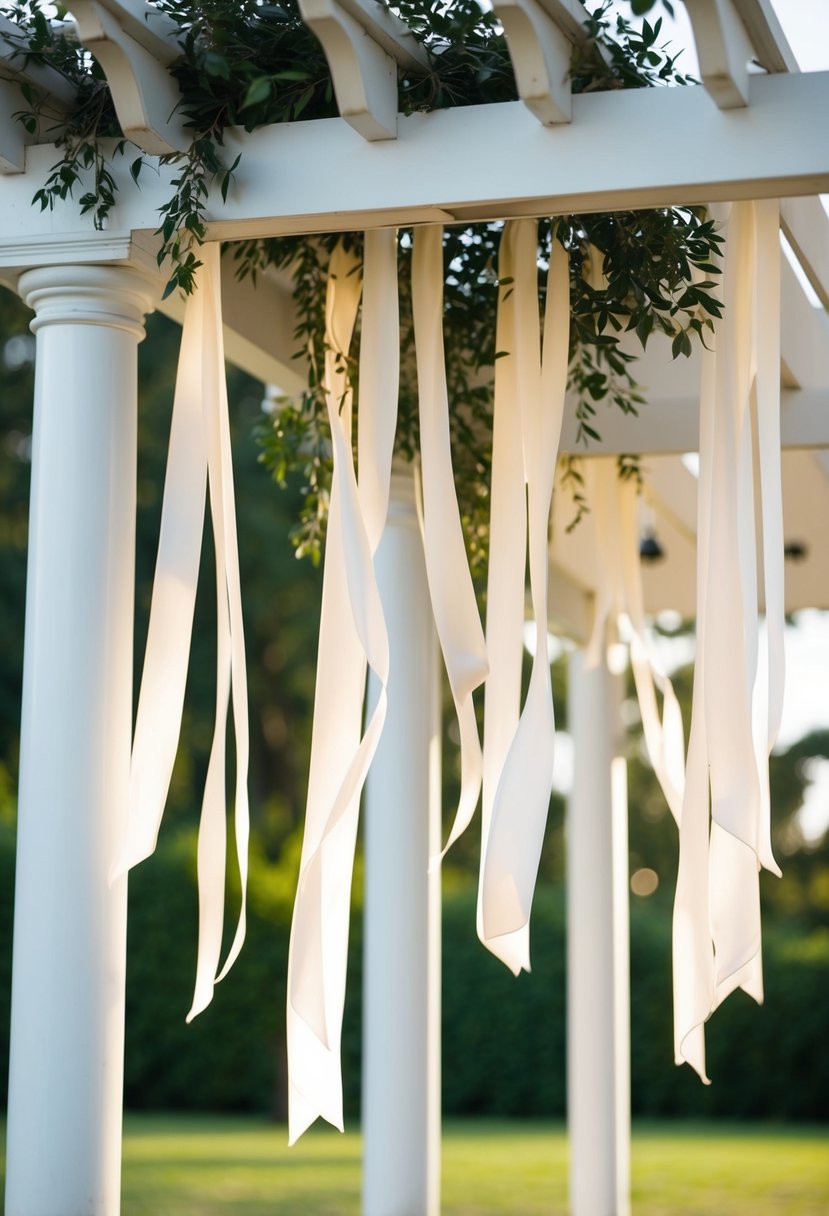 Silk ribbons cascade over a wedding pergola, gently swaying in the breeze, adding a touch of elegance and romance to the outdoor setting