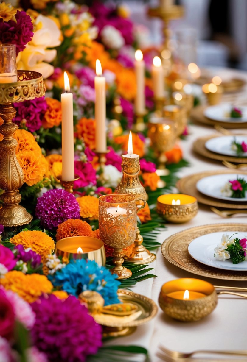 A colorful array of flowers, candles, and intricate gold decor adorns the table, creating a vibrant and opulent atmosphere for an Indian wedding celebration