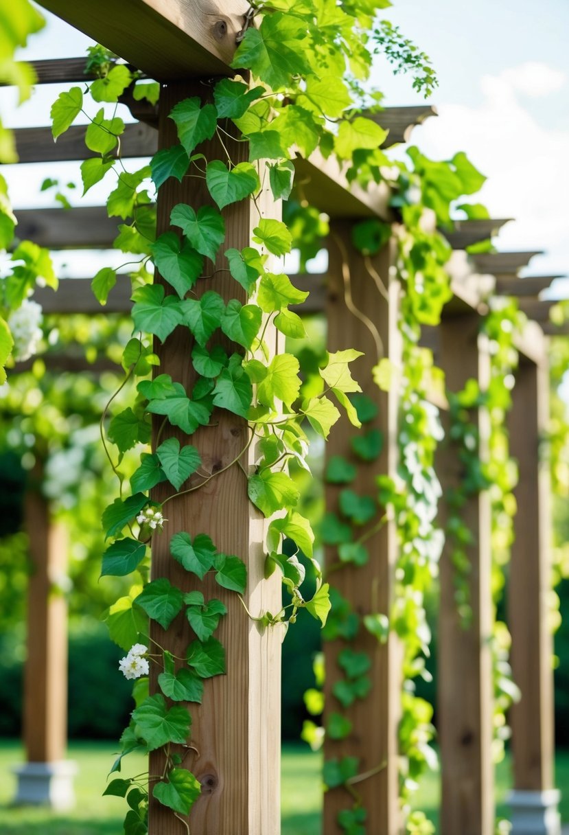 Lush vines and leaves intertwine on wooden beams of a wedding pergola