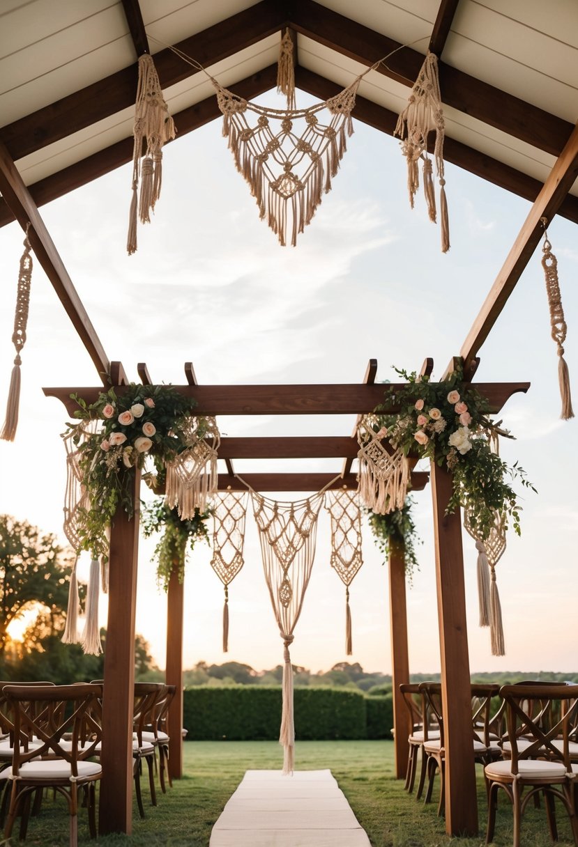 A bohemian-style wedding pergola adorned with intricate macrame hangings