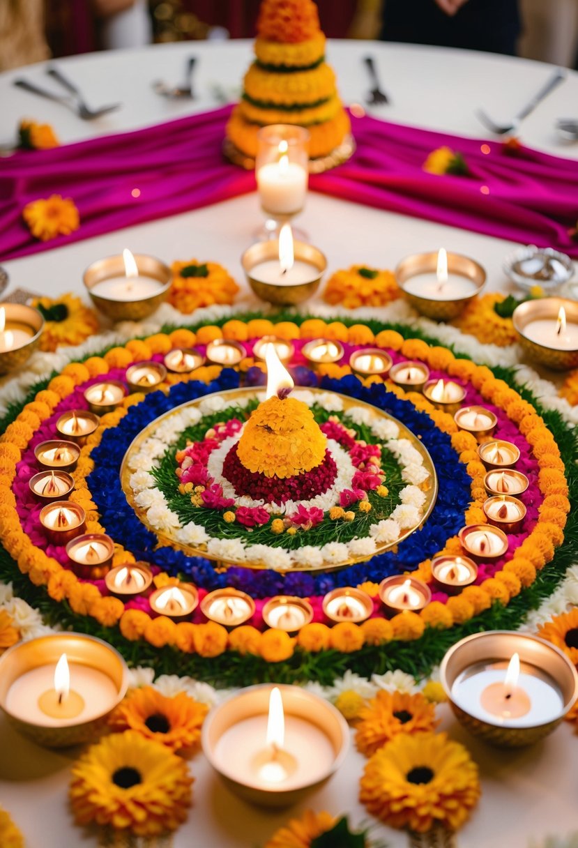 A vibrant floral rangoli with lit diyas adorns the center of an Indian wedding table, creating a beautiful and festive atmosphere