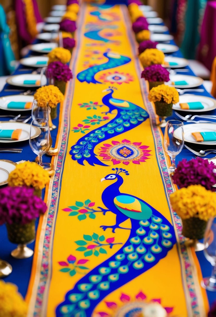 A vibrant peacock motif table runner adorns a table, surrounded by colorful Indian wedding decorations