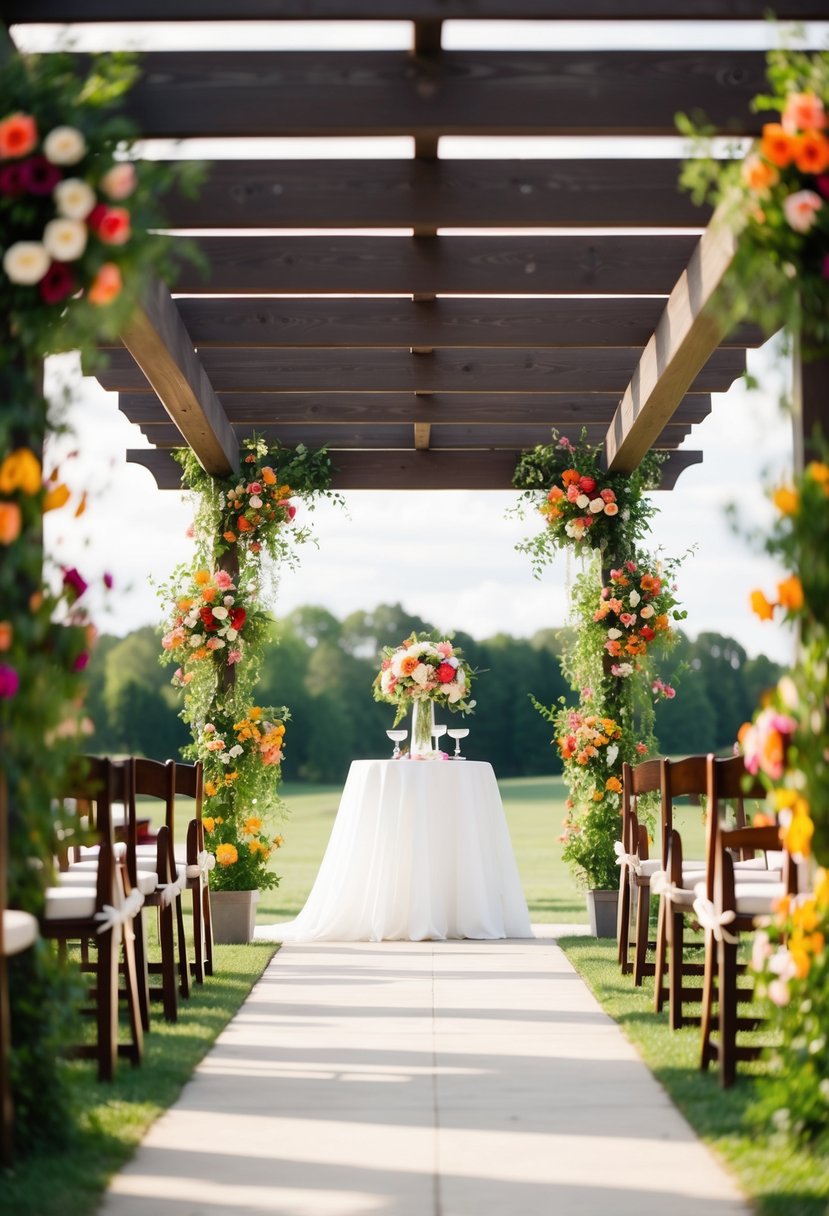 A pergola adorned with vibrant local seasonal flowers for a wedding celebration