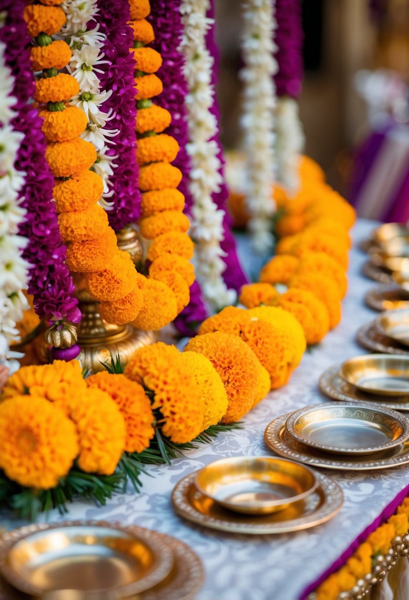 A vibrant garland of marigold and jasmine adorns an ornate Indian wedding table