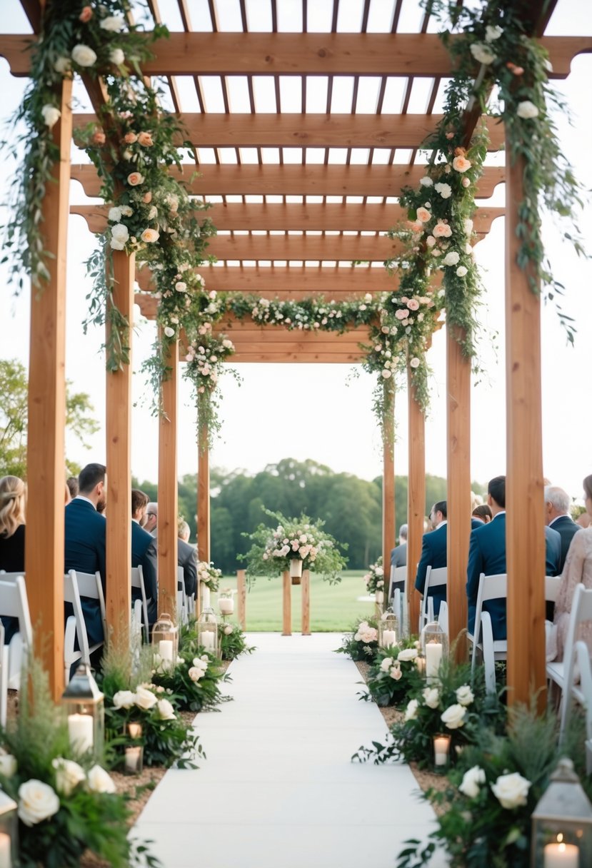 A pergola adorned with floral and greenery decor, creating a picturesque wedding aisle