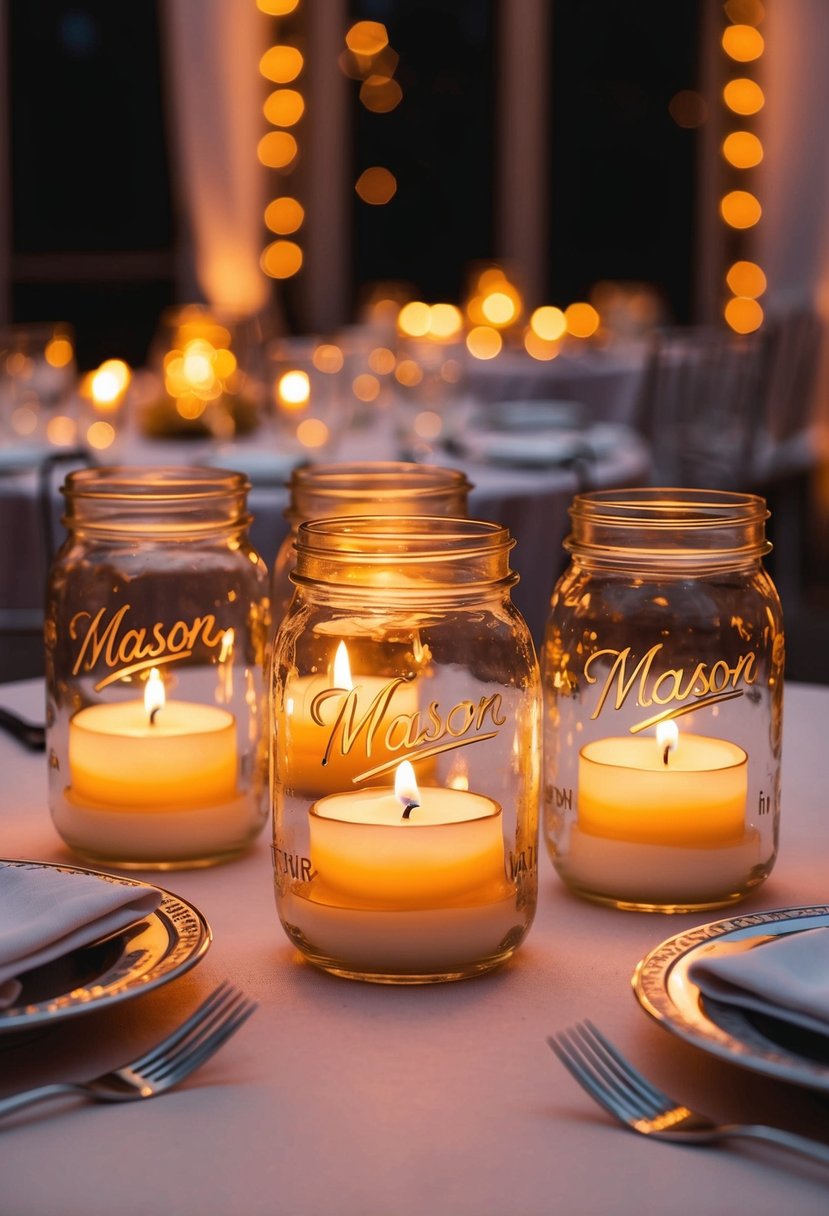 Mason jars filled with tea lights illuminate an Indian wedding table, casting a warm and romantic glow