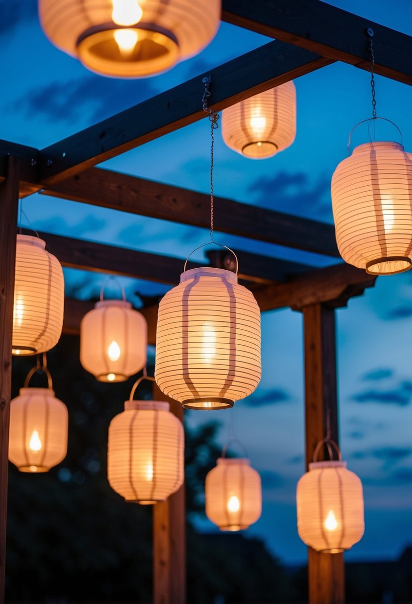 Floating lanterns illuminate a wedding pergola at dusk