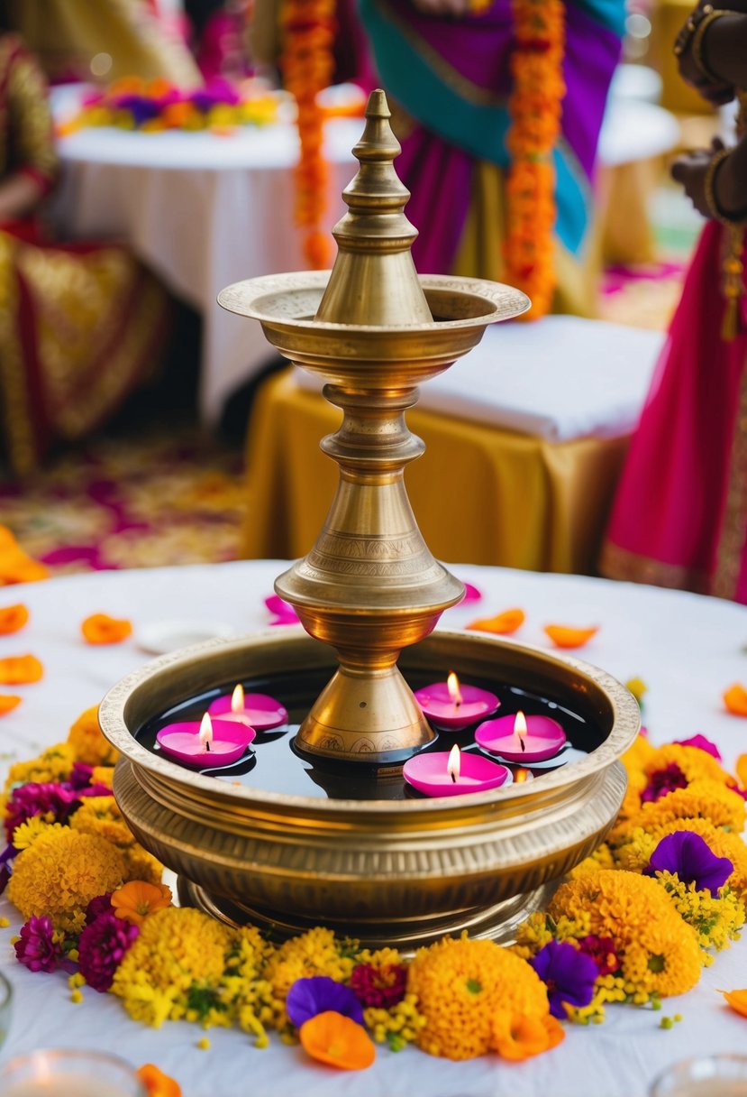 A brass Urli filled with water and floating candles, surrounded by colorful flower petals and placed on a decorative Indian wedding table