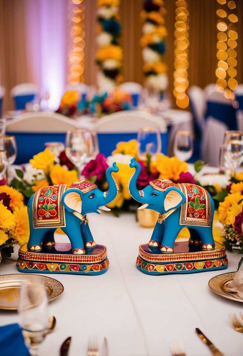 Elephant figurines arranged as table accents for an Indian wedding, surrounded by colorful flowers and intricate patterns