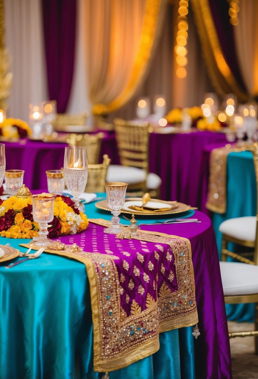 Richly colored silk tablecloths draped over tables, adorned with intricate gold embroidery and sparkling jewels, creating a luxurious and vibrant Indian wedding atmosphere