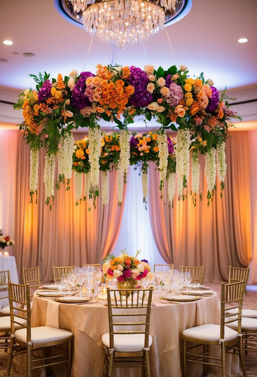 Colorful floral arrangements hang above a lavish Indian wedding table, adding a touch of elegance and tradition to the decor