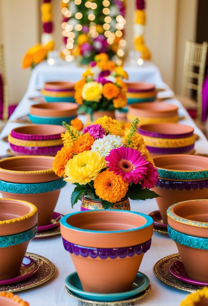 Colorful terracotta pots arranged with vibrant flowers and intricate designs for an Indian wedding table decoration