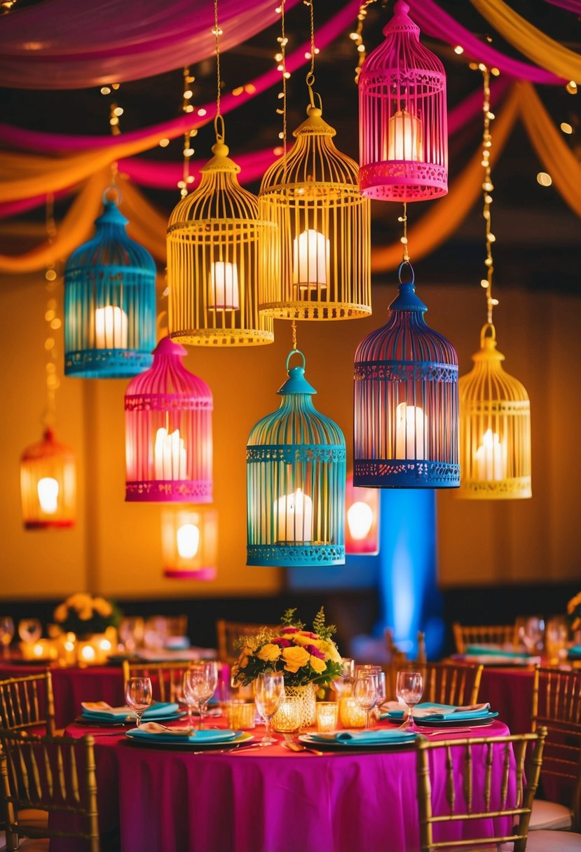 Colorful bird cage lanterns hang above a table, casting a warm glow on the vibrant Indian wedding decorations