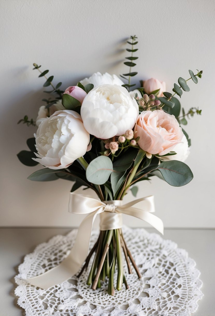 A small bouquet of white peonies, blush roses, and eucalyptus tied with a silk ribbon, resting on a vintage lace doily