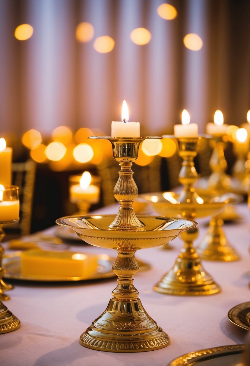 Gold-plated candle holders adorn an opulent Indian wedding table, reflecting the warm glow of flickering candles