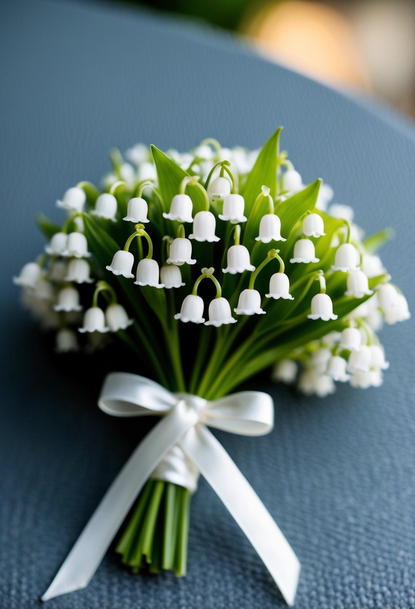 A small wedding bouquet of delicate Lily of the Valley charms tied with a silk ribbon