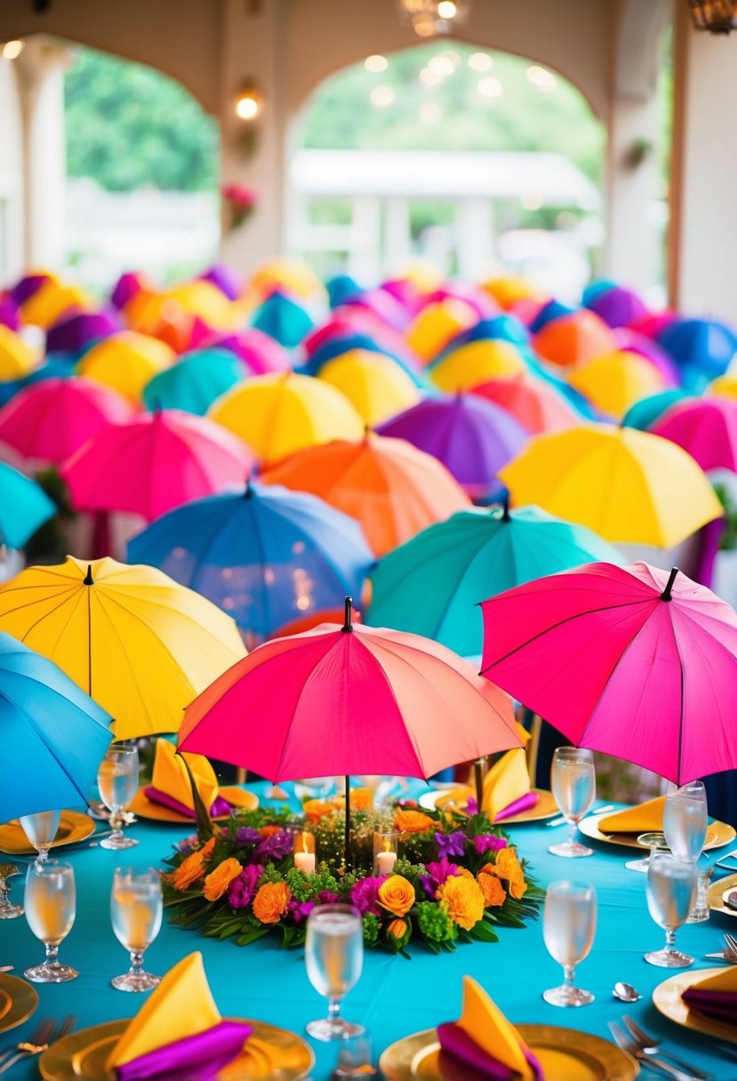 Vibrant umbrellas arranged as centerpieces on an Indian wedding table, adding a burst of color to the decor