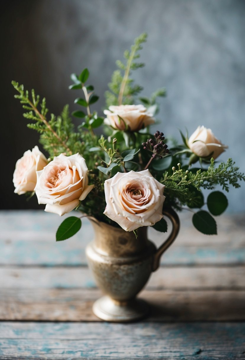 A small, delicate bouquet of rustic roses and greenery arranged in a vintage vase on a weathered wooden table