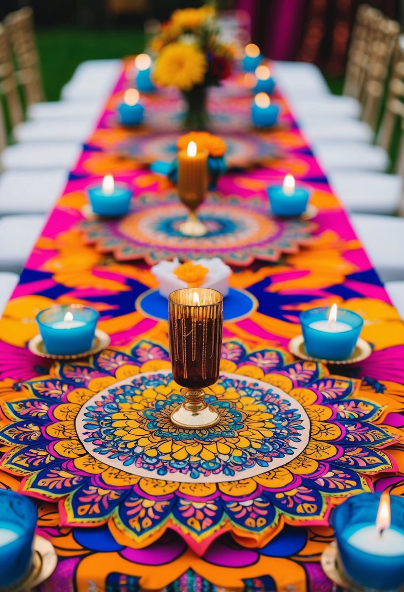 A colorful mandala patterned tablecloth with candles and flowers for an Indian wedding