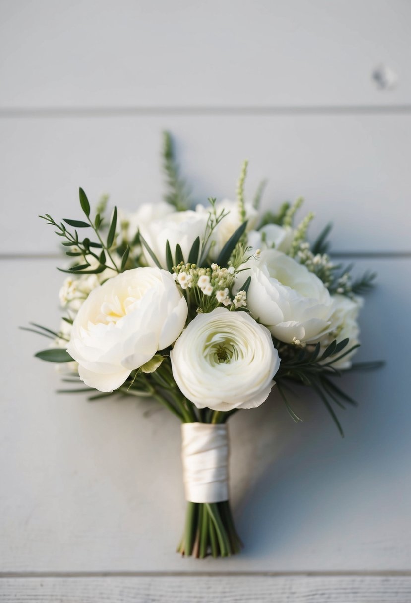 A small, elegant white wedding bouquet with delicate flowers and greenery, arranged in a simple, minimalist style