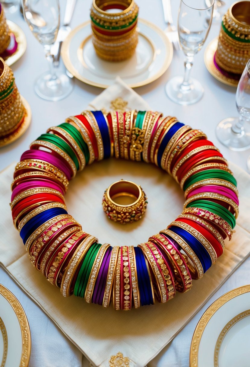 Colorful bangles arranged in a circular pattern, adorned with intricate designs and sparkling gems, placed on elegant napkins at an Indian wedding table