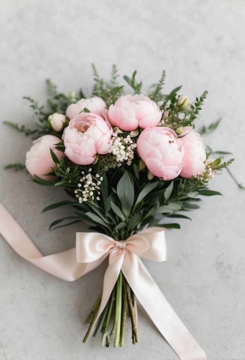 A delicate blush pink peony bundle arranged with small white flowers and greenery, tied with a satin ribbon