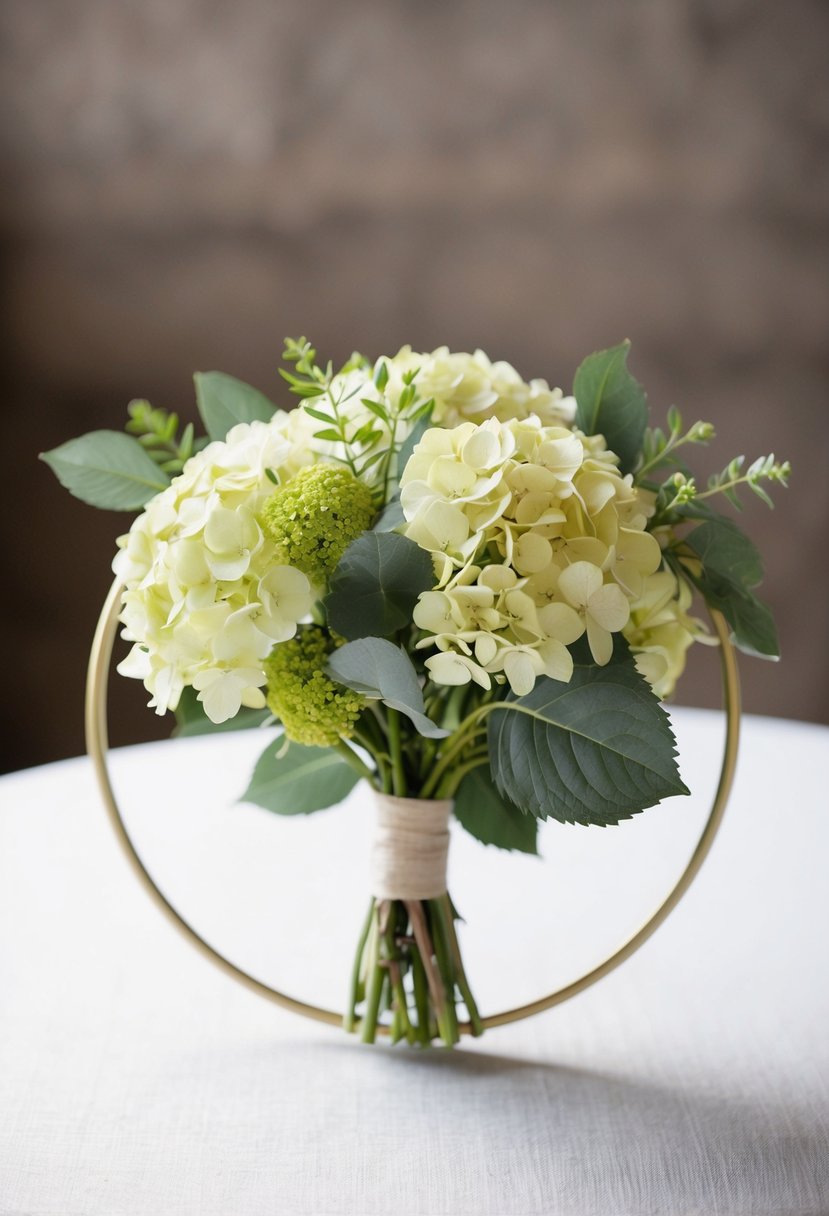 A small bouquet of hydrangeas and greenery arranged in a delicate hoop, perfect for a mini wedding celebration