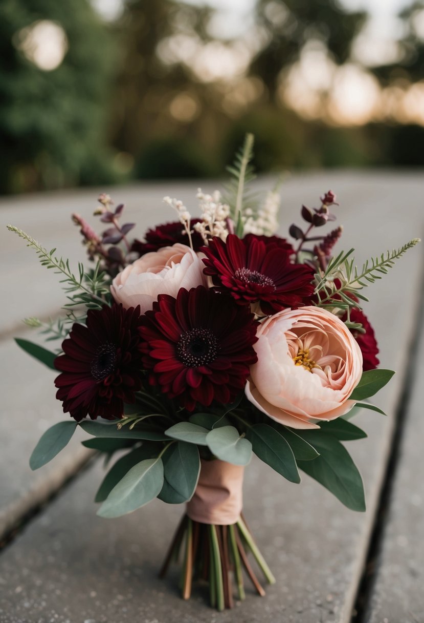 A small bouquet of burgundy and blush flowers arranged in harmony, with greenery and delicate accents