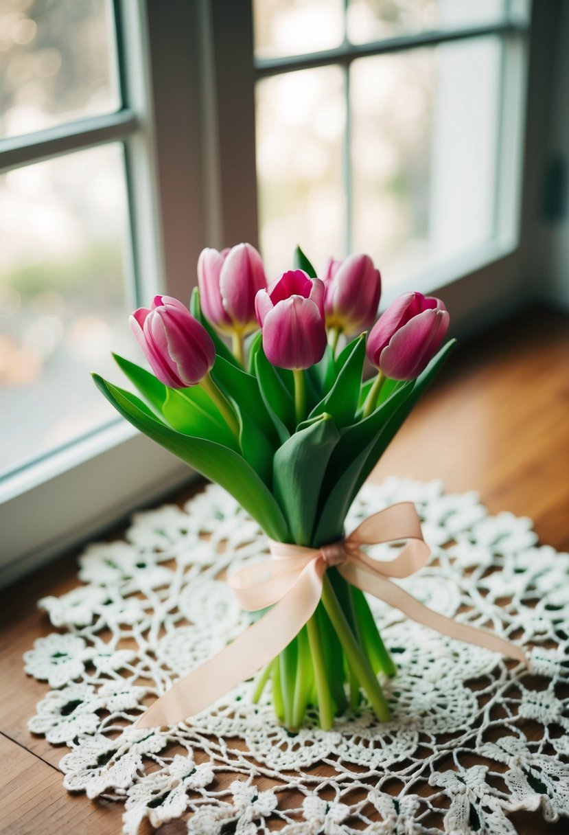 A small bouquet of tulips, tied with a delicate ribbon, sits on a vintage lace doily. Light streams through a nearby window, casting a soft glow on the flowers