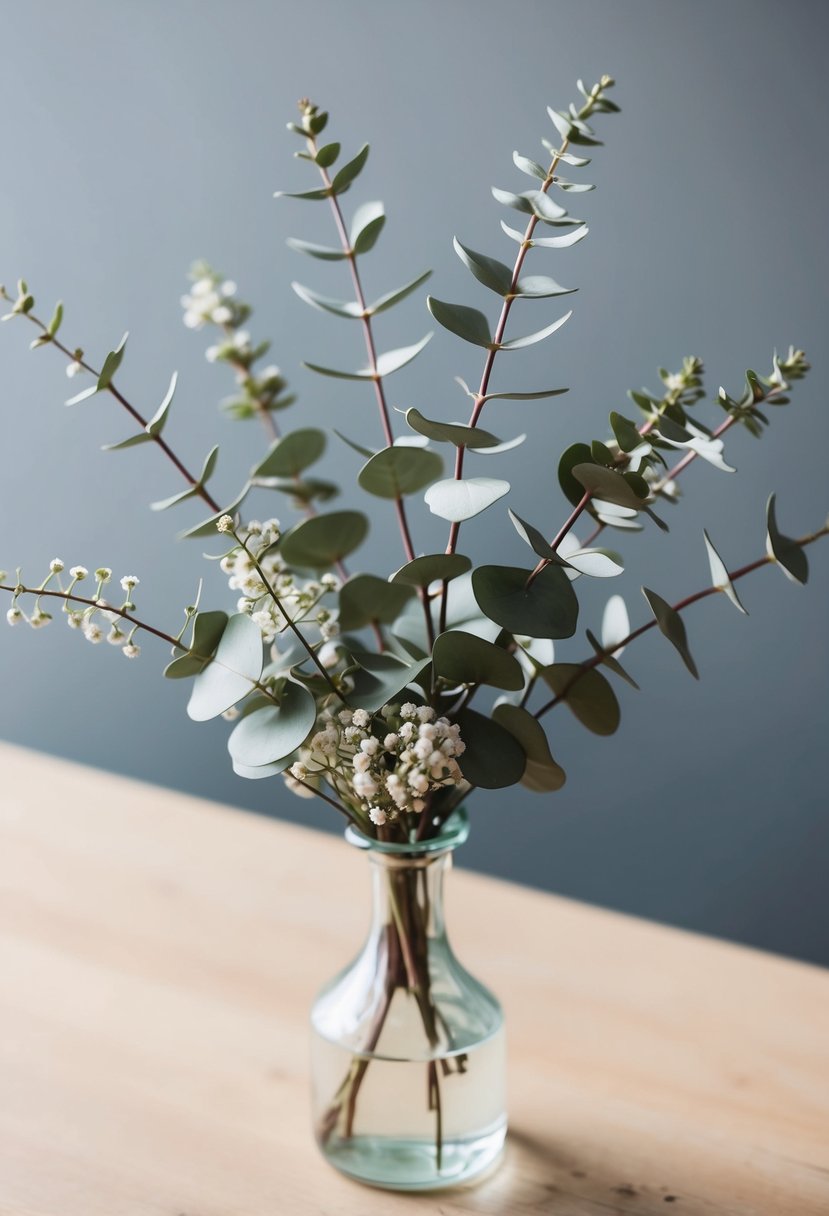 A delicate eucalyptus sprig bouquet, with soft, silvery leaves and small white flowers, arranged in a petite glass vase