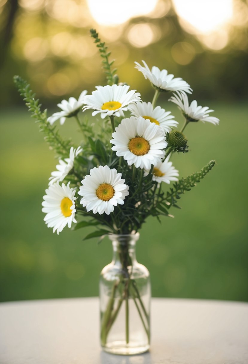 A small bouquet of white daisies and greenery in a simple glass vase